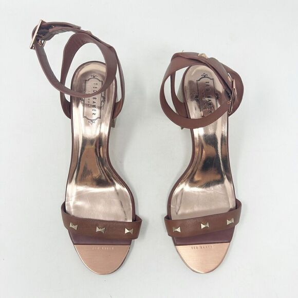 Ted Baker Biah Brown Rose Gold Studded Block Heeled Sandals 40.5 US 10 - Picture 5 of 8